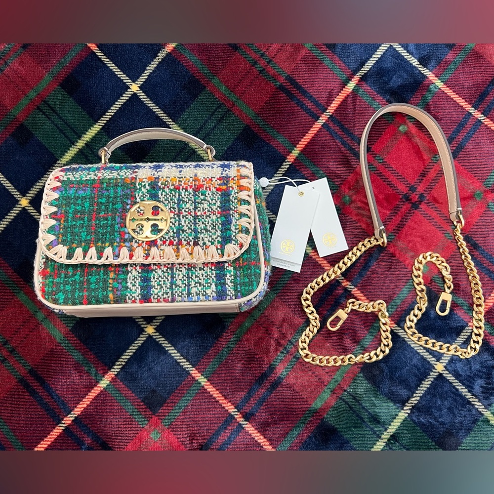 Tory Burch Willa Tweed Mini Top Handle Bag Nubby Tartan Tweed